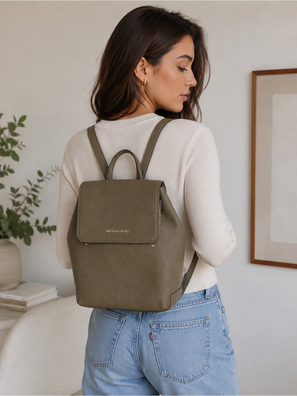 Michael Kors Olive Green Pebbled Leather Backpack Gold hardwear